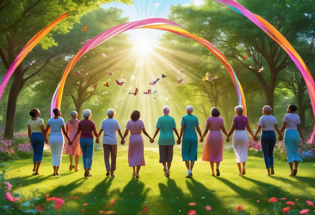 A serene landscape depicting diverse cancer survivors celebrating life, holding hands in a circle, with rays of sunlight illuminating their joyful faces. In the background, a colorful ribbon symbolizing cancer awareness flows through a lush green park where butterflies flutter around. The scene includes inspirational and empowering quotes subtly integrated into the surroundings. super-realistic. vibrant colors. 3D.